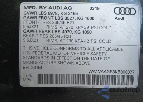 2019 Audi E-Tron Premium Plus из США, поврежденный, VIN WA1VAAGE3KB008377